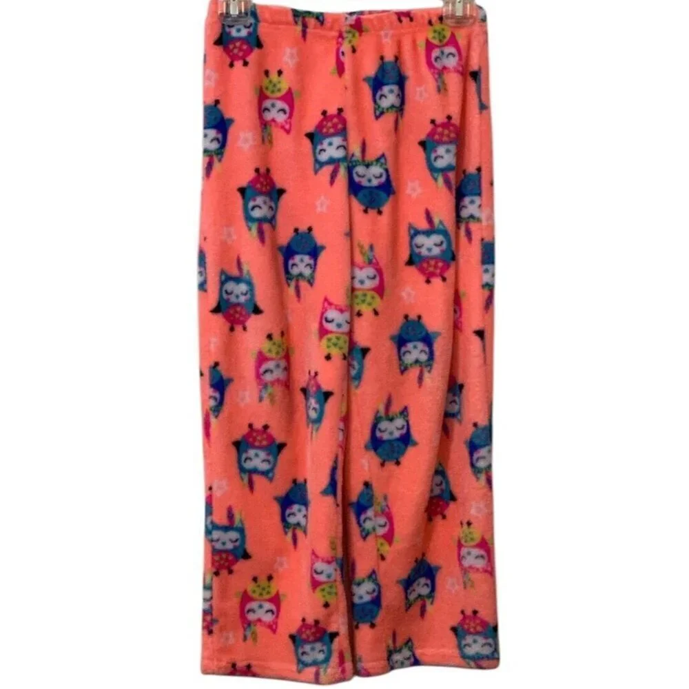 Girls Owl Fleece Pajamas Pants Size L/G 10-12 Waistband Flame Resistant Orange